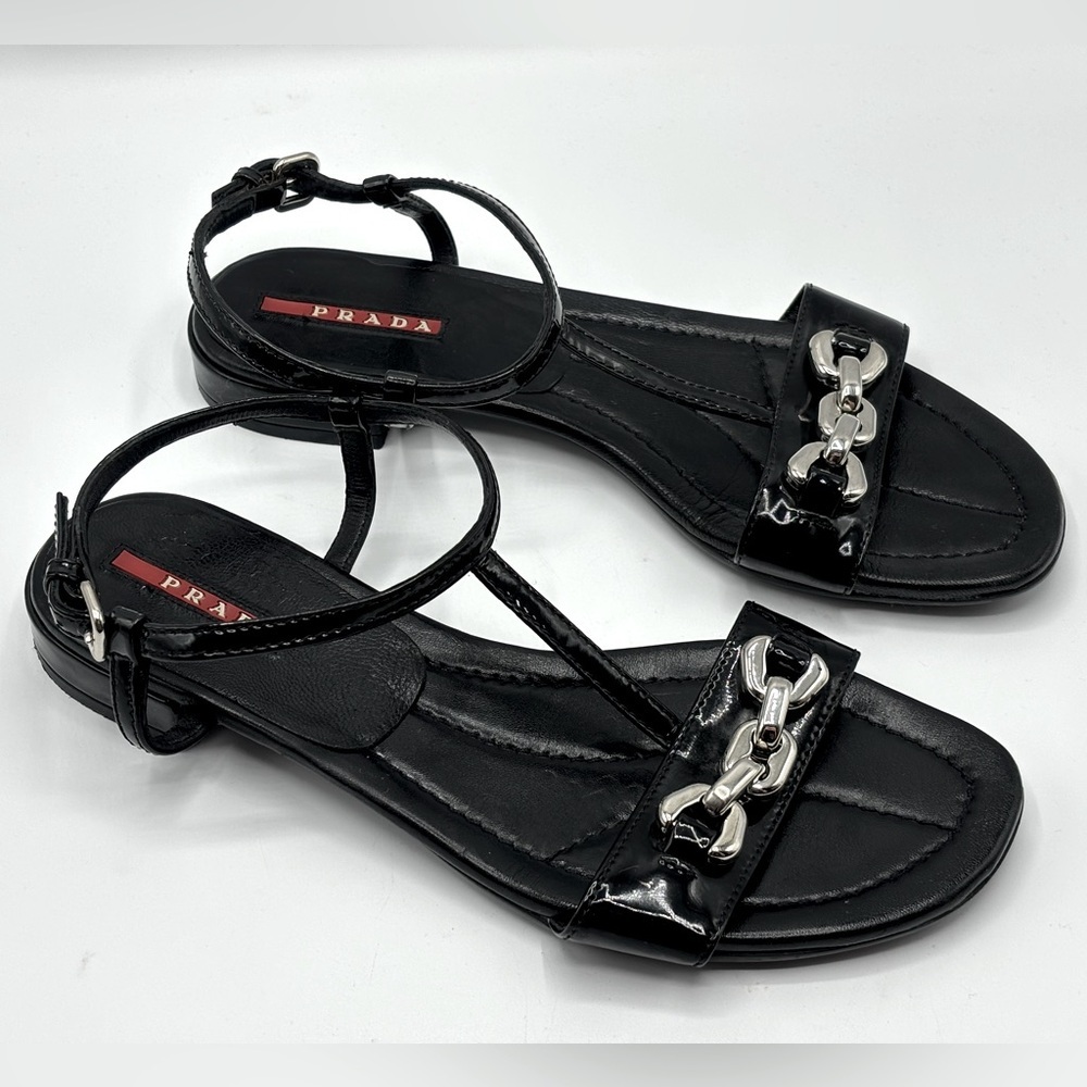PRADA‎ Black Patent Leather Sandals with Silver Block Chain Detail - Picture 2 of 10
